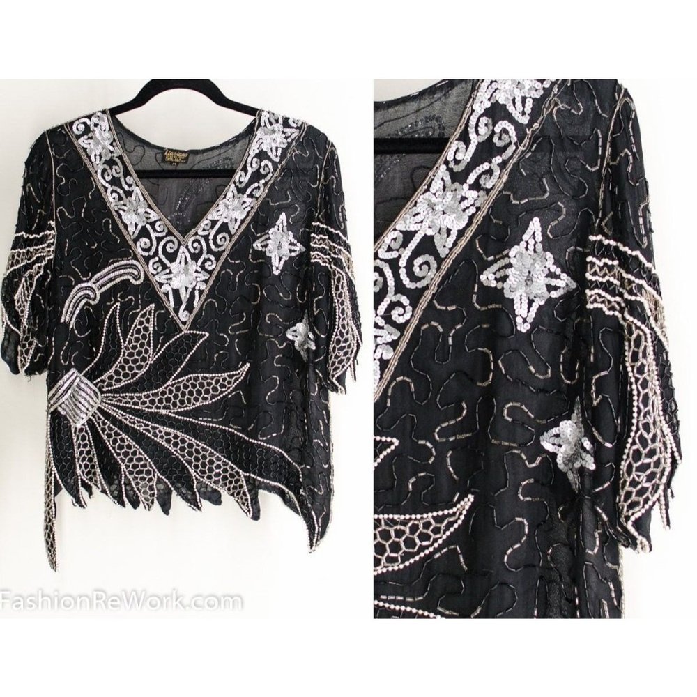 Vintage 70s Black Regal Star Bohemian Silk Sequin Blouse Tassel Pearls and Chain